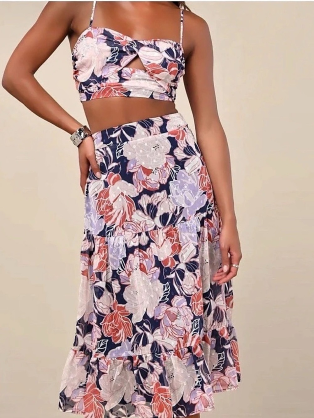 Floral Midi Skirt in Blue & Pink Like New